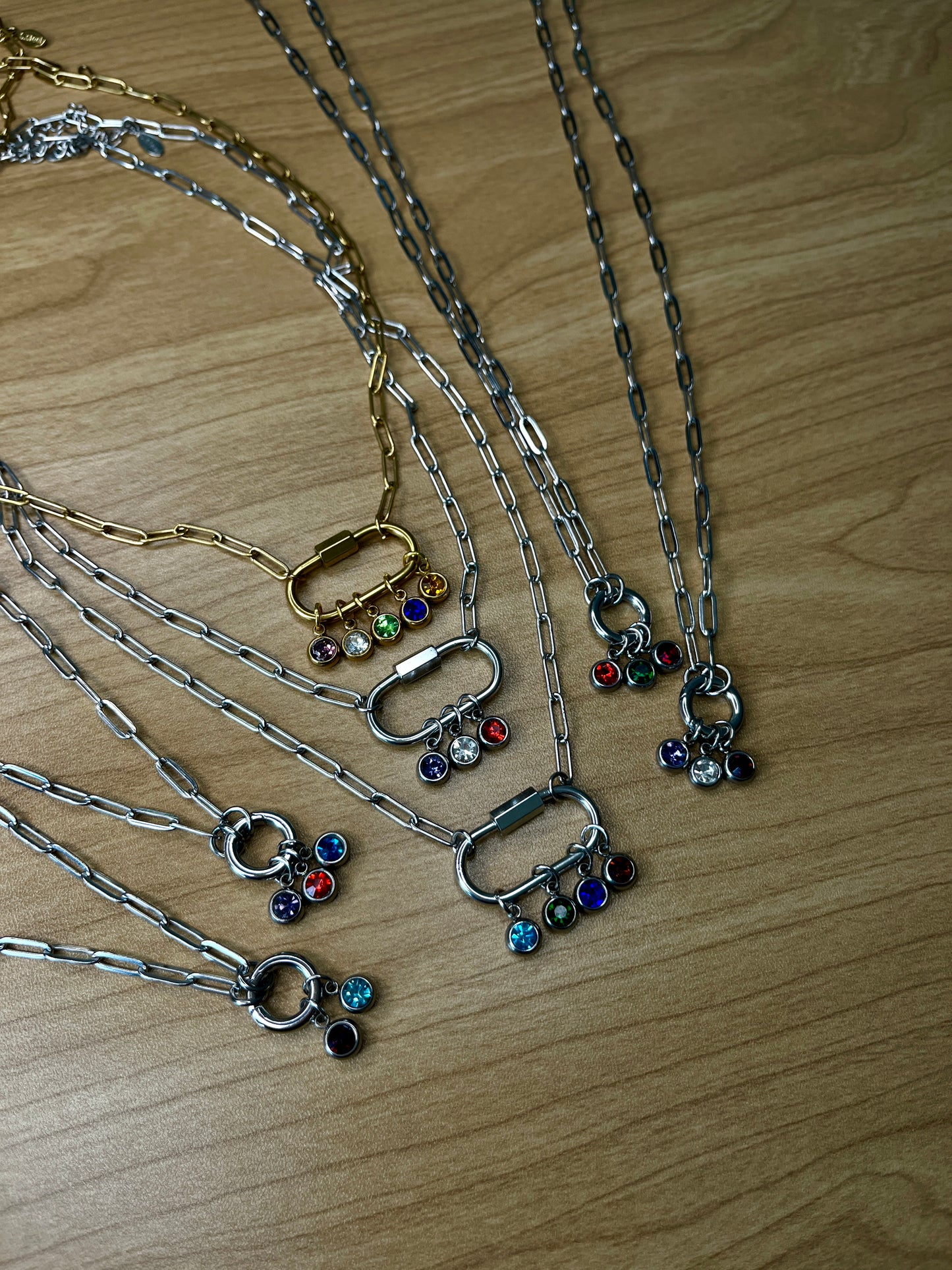 GOLD CARABINER BIRTHSTONE NECKLACE