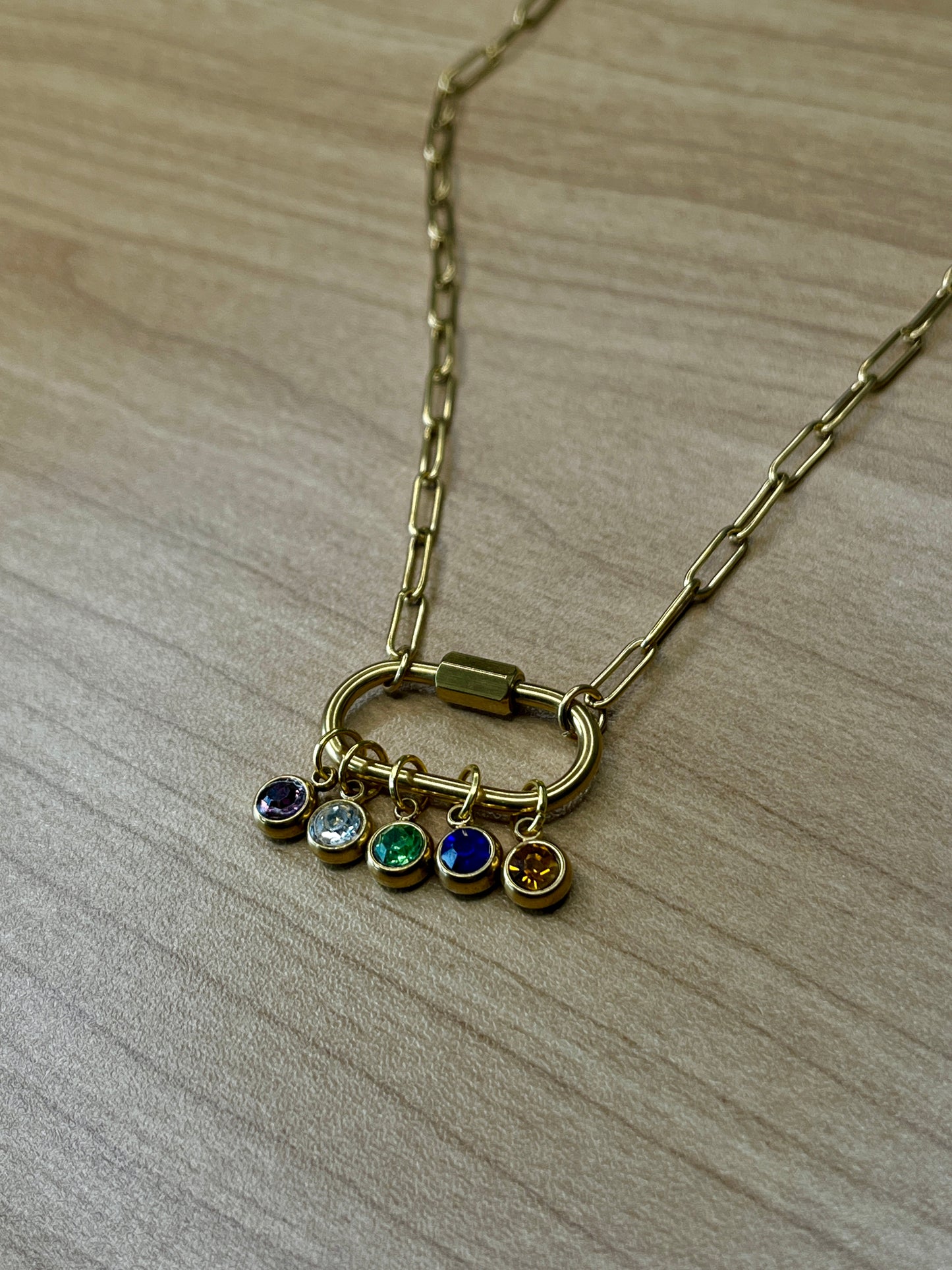 GOLD CARABINER BIRTHSTONE NECKLACE