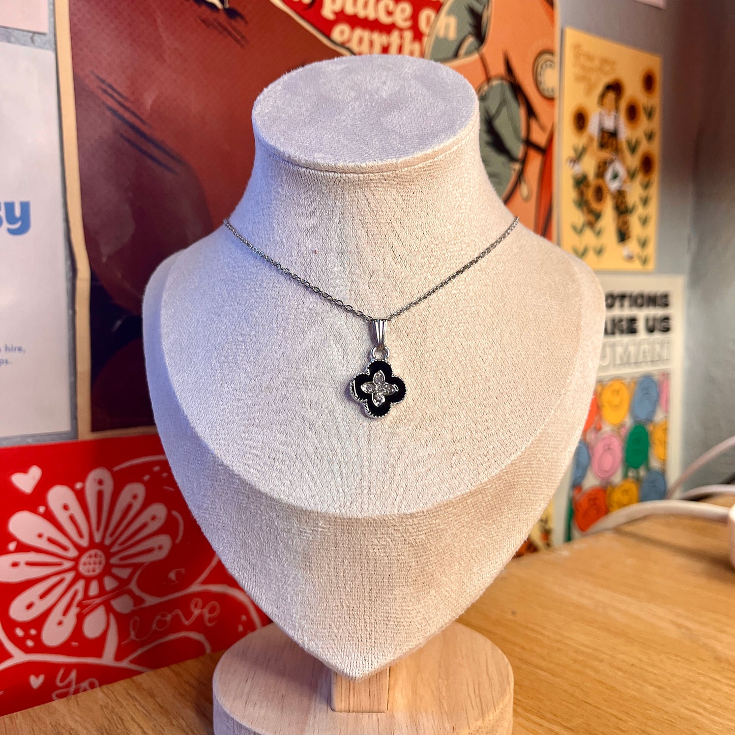 BLACK AND SILVER CLOVER NECKLACE