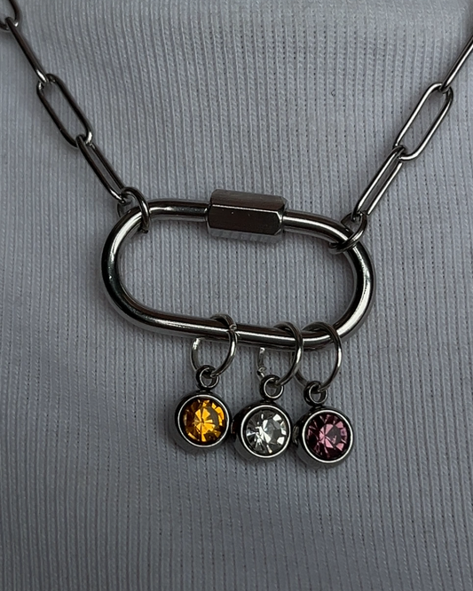 SILVER CARABINER BIRTHSTONE NECKLACE