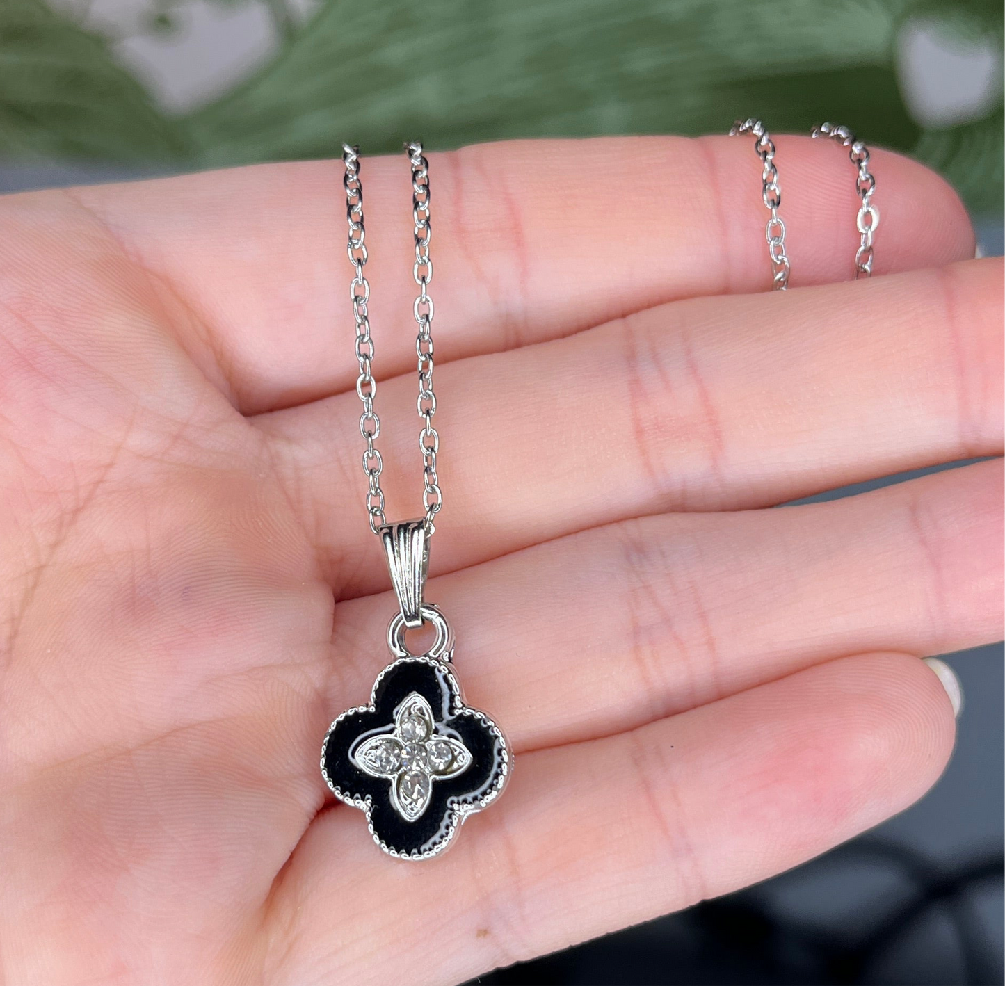 BLACK AND SILVER CLOVER NECKLACE